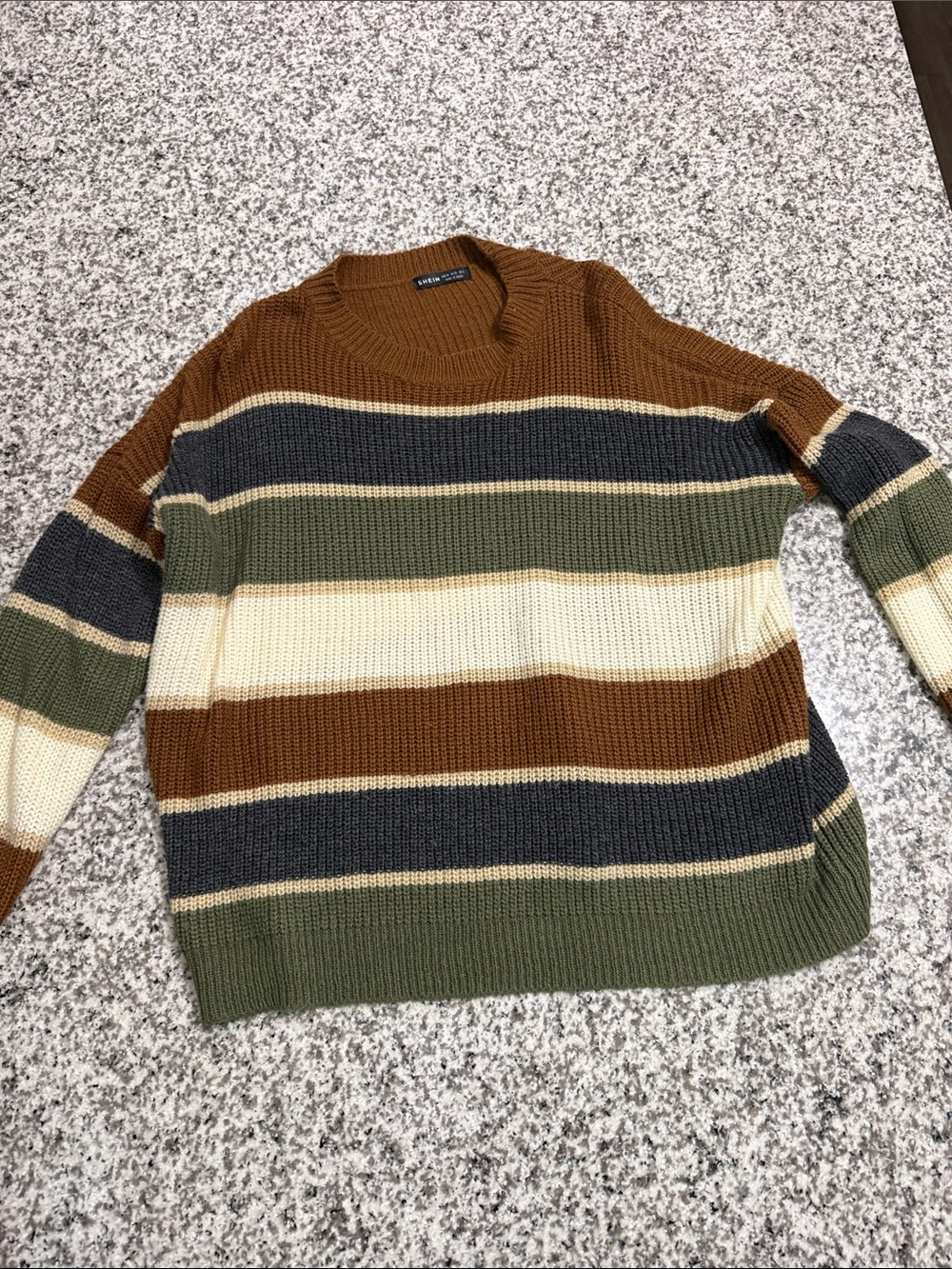 SHEIN Men's Striped Crewneck Sweater in Brown, Olive & Cream